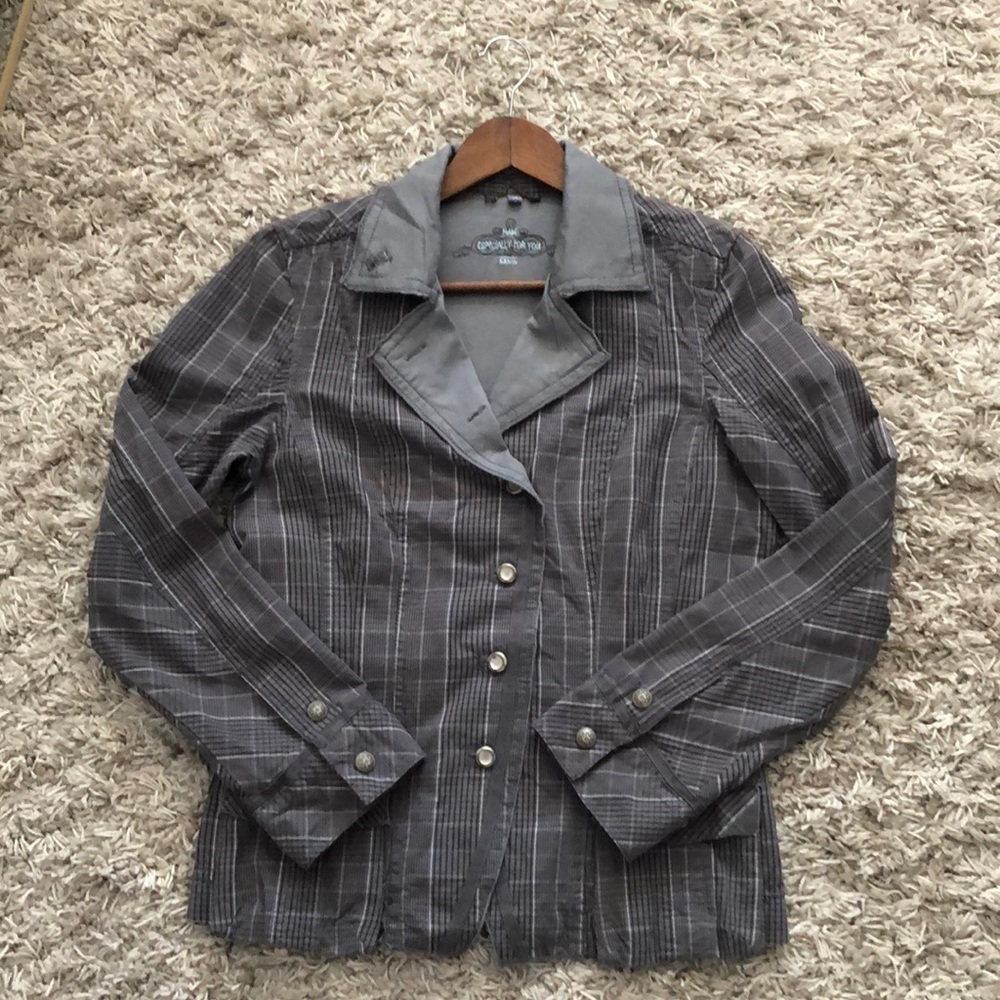 Gray checked 100%cotton set, jacket M & A-Line skirt 30, CECIL, lots of details